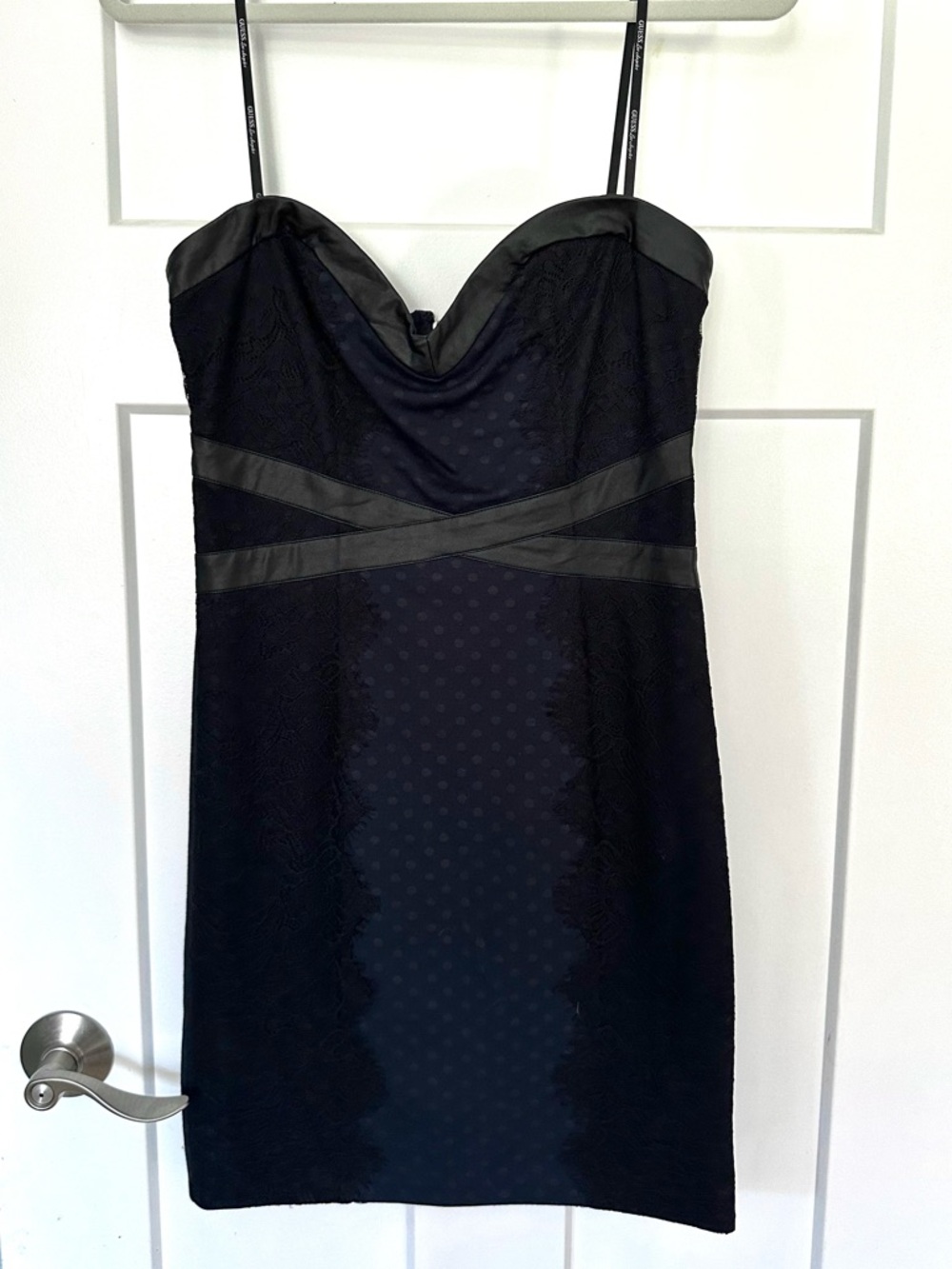 Guess Navy Dot Dress with Black Lace & Faux Leather Trim - Size 6